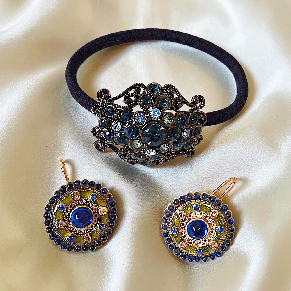 Vintage Whimsigoth Blue Crystal Hair Cuff & Bohemian Mandala Drop Earring Set